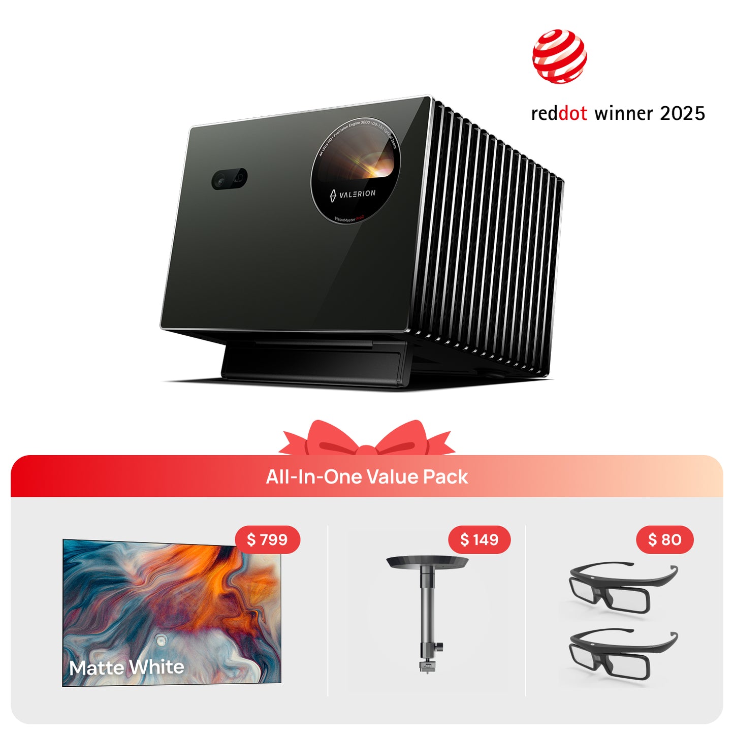 VisionMaster Pro2 + White Screen + Ceiling Bracket + 3D Glasses